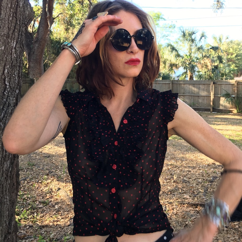 Black with red polka dot shear button up top